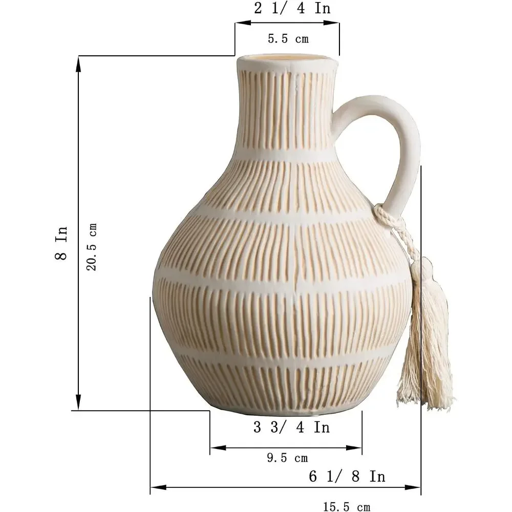 Rustic Ceramic Vase, Farmhouse Pampas Grass, Terracotta Tassel, Clay 8 inch Tall